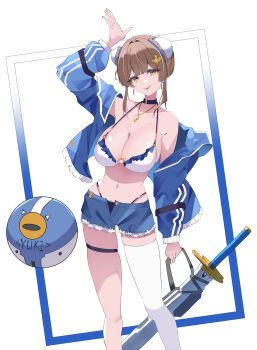 1girl :p absurdres arm_up bare_shoulders bikini bikini_under_clothes black_bikini black_choker blue_shorts breasts brown_hair bun_cover choker cleavage collarbone cutoffs double_bun earrings eyebrow_piercing face_piercing feet_out_of_frame frilled_bikini frilled_jacket frills hair_bun hair_ornament highres holding holding_sword holding_weapon jacket jewelry large_breasts liyaku long_sleeves looking_at_viewer mole mole_on_breast navel navel_piercing necklace off_shoulder open_clothes open_fly open_jacket open_shorts orb original outside_border piercing sheath sheathed short_hair shorts simple_background single_thighhigh smile standing swimsuit sword thighhighs tongue tongue_out tongue_piercing weapon white_background white_bikini white_thighhighs yellow_eyes