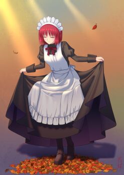 1girl apron autumn_leaves boots bowing closed_eyes curtsey full_body highres hisui_(tsukihime) juliet_sleeves leaf long_sleeves maid maid_apron maid_headdress okuribi puffy_sleeves red_hair short_hair skirt_hold solo tsukihime type-moon white_apron