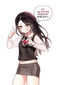 10009_xp 1girl :p black_hair blush brocon broken_condom condom condom_wrapper high_school_boy highres holding holding_condom holding_needle hong_iyeon long_hair looking_at_viewer miniskirt necktie needle red_eyes sabotaged_condom sanpaku school_uniform shirt simple_background skirt solo tongue tongue_out vest white_background
