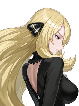 1girl alternate_breast_size_(larger) arm_at_side arm_behind_back back back_focus backless_shirt black_collar black_shirt blonde_hair breasts collar cynthia_(pokemon) expressionless female_focus from_behind fur_collar grey_eyes hair_bobbles hair_ornament hair_over_one_eye large_breasts lips long_hair long_sleeves looking_ahead ltx_ccccc nintendo no_bra no_coat pokemon pokemon_champion pokemon_dppt profile shirt shoulder_blades sideboob sidelocks simple_background standing teardrop-shaped_gem upper_body very_long_hair white_background