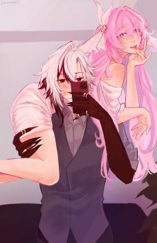 2girls arlecchino_(genshin_impact) bare_shoulders bird black_eyes black_gloves black_hair black_pants carrying carrying_person commentary diamond-shaped_pupils diamond_(shape) dove elbow_gloves elysia_(herrscher_of_human:_ego)_(honkai_impact) elysia_(honkai_impact) english_commentary genshin_impact gloves grey_shirt grey_vest highres holding holding_phone honkai_(series) honkai_impact_3rd lipstick_mark_on_cheek long_hair mihoyo multicolored_hair multiple_girls pants phone pink_hair purple_eyes selfie shirt siwhim smile symbol-shaped_pupils two-tone_hair very_long_hair vest white_hair x-shaped_pupils yuri