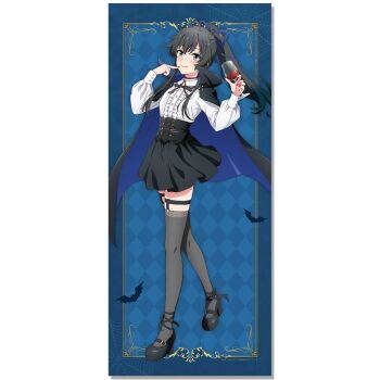 1girl ahoge alcohol anime_coloring bat_(animal) black_cape black_choker black_corset black_hair black_shoes black_skirt black_thighhighs blue_background blue_cape blue_eyes blue_ribbon blush border cape checkered_background choker closed_mouth copyright_notice corset cup drinking_glass fang finger_to_mouth fingernails frilled_shirt frills full_body garter_straps hair_ribbon halloween_costume hands_up high_heels high_ponytail highres holding holding_cup long_fingernails long_hair long_sleeves looking_at_viewer merchandise_available nail_polish neck_ribbon official_art outside_border ponytail red_nails ribbon shirt shoes skirt solo standing thigh_strap thighhighs two-sided_cape two-sided_fabric two-tone_background vampire_costume white_shirt wine wine_glass yahari_ore_no_seishun_lovecome_wa_machigatteiru. yukinoshita_yukino zettai_ryouiki