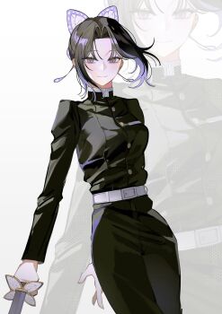 1girl arm_behind_back belt belt_buckle black_hair black_jacket black_pants breasts buckle butterfly_hair_ornament buttons closed_mouth colored_tips cowboy_shot curtained_hair demon_slayer_uniform forehead hair_ornament highres holding holding_sword holding_weapon jacket katana kimetsu_no_yaiba kochou_shinobu light_smile long_sleeves looking_at_viewer medium_breasts middle_part multicolored_hair pants purple_eyes purple_streaks sidelocks solo sono_krg streaked_hair sword turtleneck turtleneck_jacket two-tone_hair weapon white_background white_belt zoom_layer