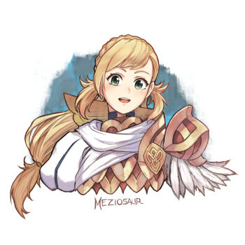 1girl armor artist_name blonde_hair blush braid commentary cropped_torso crown_braid fire_emblem fire_emblem_heroes gold_armor green_eyes long_hair looking_at_viewer low-tied_long_hair meziosaur nintendo open_mouth sharena_(fire_emblem) shoulder_armor solo straight-on swept_bangs teeth upper_body upper_teeth_only white_background