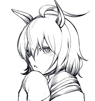 Rule 34 | 1girl, agnes tachyon (tach-nology) (umamusume), agnes tachyon (umamusume), ahoge, coat, commentary request, greyscale, hair between eyes, horse girl, long bangs, looking at viewer, monochrome, open mouth, sadahiro (chicken nugget gyuuniku aji), short hair, simple background, sleeves past fingers, sleeves past wrists, solo, umamusume, upper body