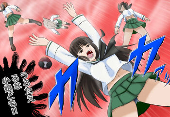 ! !! 4girls anzio_school_uniform artist_request black_boots black_hair boots breasts brown_eyes brown_hair character_request dutch_angle falling feet_out_of_frame garuda_aiacos girls_und_panzer green_skirt highres itsumi_erika long_hair mother_and_daughter multiple_girls nishizumi_maho nishizumi_miho nishizumi_shiho outdoors parody saint_seiya shirt short_hair siblings sisters skirt sky sound_effects style_parody translation_request white_shirt wide_hips wind