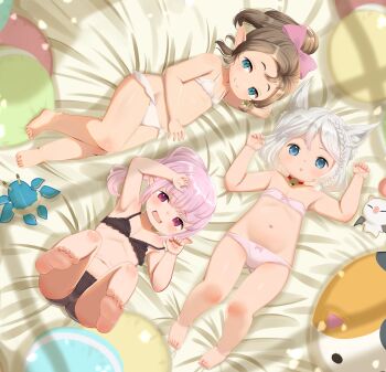 3girls animal_ears armpits arms_up ass barefoot bed bed_sheet bell bikini black_bra black_panties blue_eyes blush bow bow_panties bra braid brown_hair cameltoe cat_ears choker closed_mouth collar day elezen elf fang feet final_fantasy final_fantasy_xiv flat_chest full_body hair_bow highres hyur indoors jingle_bell lalafell legs legs_up lingerie loli long_hair looking_at_viewer lying miqo'te multiple_girls navel neck_bell on_back on_bed on_side open_mouth panties pink_bow pink_bra pink_eyes pink_hair pink_panties pointy_ears ponytail red_eyes shelldy short_hair smile soles swimsuit thighs toes underwear underwear_only white_bra white_hair white_panties