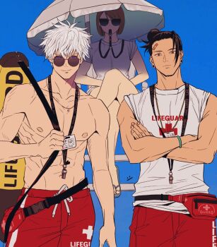 Rule 34 | 1girl, 2boys, bandaid, bandaid on face, bandaid on forehead, black eyes, black hair, brown hair, chair, closed mouth, cowboy shot, crossed arms, crossed legs, ear piercing, fanny pack, getou suguru, gojou satoru, hair bun, hair pulled back, holding, holding whistle, ieiri shoko, jujutsu kaisen, kukig8765, lifeguard, lifeguard chair, mouth hold, multiple boys, piercing, red shorts, round eyewear, shirt, short hair, shorts, sitting, sleeves rolled up, standing, sunglasses, topless male, torpedo buoy, umbrella, whistle, white hair, white shirt, wristband