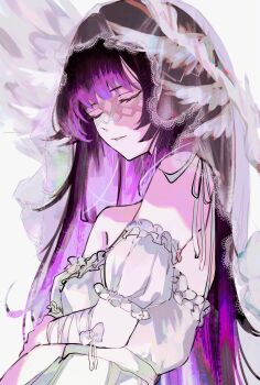 Rule 34 | 1girl, absurdres, arm at side, arm bow, armpit crease, bandaged arm, bandages, bare shoulders, black hair, bow, closed eyes, colored inner hair, columbina (genshin impact), detached sleeves, dress, eye mask, eyelashes, facing to the side, feathered wings, frilled sleeves, frills, genshin impact, hand on own arm, head wings, highres, lace-trimmed veil, lace trim, long hair, mask, multicolored hair, multiple wings, parted lips, pink hair, puffy sleeves, sa 3987, see-through clothes, see-through veil, solo, upper body, veil, white background, white bow, white dress, white mask, white mouth, white sleeves, white veil, white wings, wings
