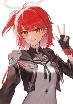 1girl :d absurdres ahoge arknights arm_up black_gloves black_jacket chinese_commentary chromatic_aberration commentary_request earrings exusiai_(arknights) exusiai_the_new_covenant_(arknights) fingerless_gloves gloves grey_halo grin halo highres jacket jewelry linkr looking_at_viewer one_side_up open_mouth red_hair short_hair simple_background smile solo traditional_halo upper_body w white_background yellow_eyes