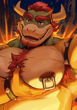 1boy absurdres armlet armpit_hair armpits bara bare_pectorals beard bowser bracelet chest_hair commentary english_commentary facial_hair fangs furry furry_male hand_on_own_chest highres horns jewelry lava lhjal2 looking_at_viewer male_focus mario_(series) muscular muscular_male nintendo nipple_piercing nipples open_mouth pectorals piercing presenting_pectorals red_hair smile spiked_armlet spiked_bracelet spikes topless_male