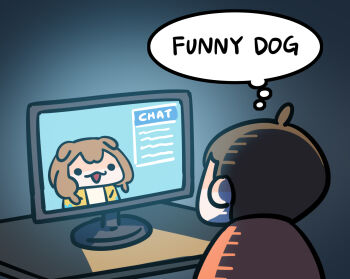 1boy 1girl animal_ears artist_self-insert brown_hair chat_log dog_ears english_text highres hololive inugami_korone inugami_korone_(1st_costume) keenbiscuit long_hair monitor open_mouth smile speech_bubble thought_bubble upper_body virtual_youtuber