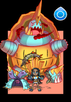 Rule 34 | 1girl, aqua eyes, aqua hair, arrokuda, barraskewda, black gloves, black hair, blue shoes, closed mouth, colored lineart, commentary request, daisuke umiushi, dark-skinned female, dark skin, dive ball, drednaw, dynamax, eyelashes, fangs, fish, full body, gen 7 pokemon, gen 8 pokemon, gigantamax, gigantamax drednaw, gloves, holding, holding poke ball, legs apart, long hair, midriff, multicolored hair, navel, nessa (pokemon), nintendo, open mouth, outstretched arm, partially fingerless gloves, poke ball, pokemon, pokemon (creature), pokemon sm, pokemon team, red clouds, shoes, shorts, single glove, smile, spikes, standing, toxapex, two-tone hair