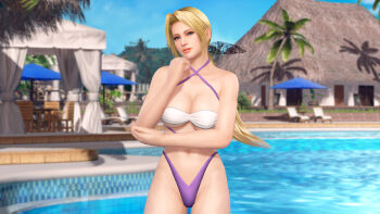 1girl 3d bare_arms bare_legs bare_shoulders bikini blonde_hair blue_eyes breasts chair cleavage criss-cross_halter dead_or_alive dead_or_alive_xtreme_3_fortune dead_or_alive_xtreme_beach_volleyball female_focus halterneck head_tilt helena_douglas highleg large_breasts legs lips lipstick long_hair looking_at_viewer makeup navel neck official_art outdoors palm_tree ponytail pool resort sky smile solo standing swimsuit table tecmo tree underboob water