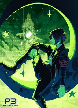 Rule 34 | 1boy, armband, black jacket, black pants, blue hair, closed eyes, collared shirt, commentary, crescent moon, english commentary, english text, evoker, full body, gekkoukan high school uniform, green light, gun, handgun, headphones, highres, holding, holding gun, holding mp3 player, holding weapon, jacket, long sleeves, lyrics, male focus, moon, mp3 player, pants, persona, persona 3, red armband, s.e.e.s, school uniform, senranx, shirt, short hair, solo, star (symbol), tower, weapon, white shirt, yuuki makoto (persona 3)