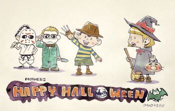 1girl 3boys a_nightmare_on_elm_street adjusting_eyewear akahanadragon bat_(animal) black_hair blonde_hair blush_stickers bow bowtie broom copyright_name dougi dress english_text facing_viewer fedora freddy_krueger freddy_krueger_(cosplay) friday_the_13th full_body glasses gloves halloween halloween_(movie) halloween_bucket halloween_costume hand_on_own_hip hat hockey_mask jason_voorhees jason_voorhees_(cosplay) jeff_andonuts jumpsuit karate_gi knife looking_at_another mask michael_myers michael_myers_(cosplay) mother_(series) mother_2 mr._batty_(mother_2) multiple_boys ness_(mother_2) nintendo open_mouth paula_(mother_2) poo_(mother_2) single_glove smile topknot traditional_media waving witch_hat