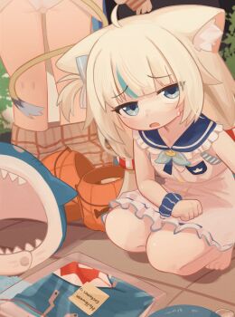 2girls absurdres ahoge animal_ear_fluff animal_ears barefoot blue_eyes blue_hair blue_sailor_collar blue_scrunchie cat_ears commentary cosplay dooby dress english_commentary frilled_sailor_collar frills gawr_gura highres hololive hololive_english indie_virtual_youtuber looking_at_viewer low_twintails multicolored_hair multiple_girls nanachides one_side_up open_mouth panties sailor_collar sailor_dress sameko_saba scrunchie squatting streaked_hair tail toes twintails two-tone_hair underwear voice_actor_connection watson_amelia watson_amelia_(cosplay) white_dress white_hair white_panties wrist_scrunchie