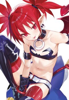1girl absurdres belt black_gloves closed_mouth demon_girl demon_tail demon_wings disgaea earrings etna_(disgaea) flat_chest gloves highres jewelry looking_at_viewer micro_shorts navel pointy_ears red_eyes red_hair red_tail red_wings short_hair shorts skull_earrings slit_pupils solo suujiniku tail thighhighs tongue tongue_out twintails white_belt wings