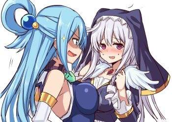 2girls :d aqua_(konosuba) asymmetrical_docking bare_shoulders blonde_hair blue_dress blue_eyes blue_hair blush breast_conscious breast_contest breast_envy breast_press breasts commentary_request detached_sleeves dress eris_(konosuba) from_side grin hair_between_eyes hair_ornament hiraga_matsuri kono_subarashii_sekai_ni_shukufuku_wo! large_breasts long_hair long_sleeves multiple_girls nervous_smile open_mouth purple_hair shaded_face sideways_mouth smile sparkle sphere_hair_ornament sweatdrop tears upper_body veil wavy_mouth white_background