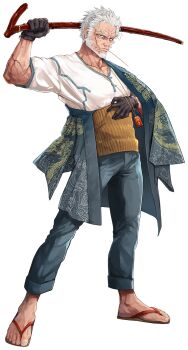 Rule 34 | 1boy, beard, black eyes, black gloves, blue jacket, blue pants, cane, dragon print, facial hair, facial scar, fate/grand order, fate (series), full beard, full body, game cg, gloves, hadanugi dousa, hair slicked back, hand on own stomach, hand up, haori, highres, hirano ryouji, holding, holding cane, jacket, jacket on shoulders, japanese clothes, looking at viewer, male focus, mouth hold, muscular, muscular male, nagakura shinpachi (fate), nagakura shinpachi (first ascension) (fate), official art, old, old man, omamori, open kimono, outline, pants, polo shirt, sandals, sanpaku, scar, scar on cheek, scar on face, second-party source, shirt, short hair, short sleeves, simple background, solo, stalk in mouth, standing, tachi-e, transparent background, white background, white hair, white outline, white shirt, zouri