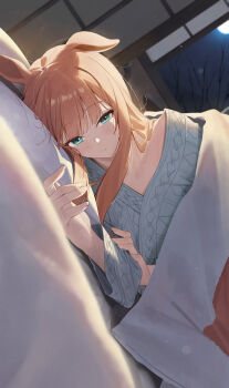 1girl animal_ears bath_yukata blanket blue_eyes closed_mouth commentary_request futon green_eyes grey_kimono highres horse_ears horse_girl japanese_clothes kimono long_hair long_sleeves looking_at_viewer lying moon night ningen_gokko on_side orange_hair pillow silence_suzuka_(umamusume) smile solo umamusume under_covers window yukata