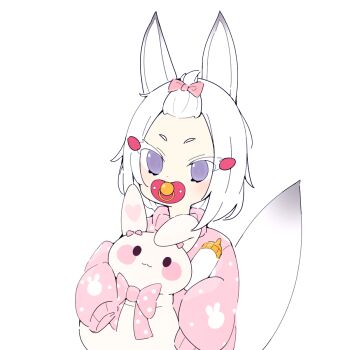 1girl animal_ears commentary cross_(vgne4542) fox_ears fox_tail highres phase_connect purple_eyes rabbit ribbon short_hair tail tenma_maemi virtual_youtuber white_hair