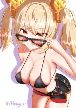 Rule 34 | 1girl, artist name, belt, bikini, bikini top only, blonde hair, breasts, burnice white, cleavage, glasses, highres, hythinger, looking at viewer, orange eyes, simple background, smile, solo, standing, swimsuit, teeth, white background, zenless zone zero