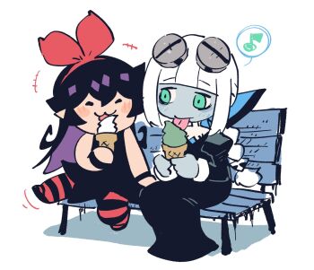 Rule 34 | 2girls, :3, black dress, black hair, blue skin, blunt bangs, blush stickers, bow, bow hairband, braid, colored skin, commentary request, dress, flora (rariatto), food, green eyes, hair bow, hairband, highres, holding, holding food, holding ice cream, hole in head, ice cream, ice cream cone, juliet sleeves, long dress, long hair, long sleeves, marshmallow (site), multiple girls, noss &amp; zakuro, object through head, pantyhose, pointy ears, puffy sleeves, rariatto (ganguri), red bow, red hairband, red pantyhose, request inset, screw in head, single braid, smile, striped clothes, striped pantyhose, vampire, white hair, wristband, zakuro (rariatto)