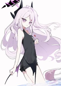 1girl babbohr blue_archive commentary demon_horns demon_wings hair_ornament hairclip halo highres hina_(blue_archive) hina_(swimsuit)_(blue_archive) horns long_hair looking_at_viewer old_school_swimsuit one-piece_swimsuit parted_bangs purple_eyes school_swimsuit simple_background solo swim_ring swimsuit untranslatable_commentary wading whistle whistle_around_neck white_background white_hair wings