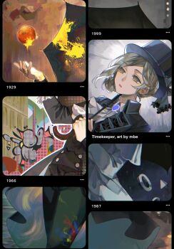 1girl :o ascot black_coat black_hat black_pants black_umbrella blue_bow boater_hat bow coat collared_shirt cowboy_shot explosion grey_hair hair_bun halftone hand_up hat hat_bow highres holding holding_umbrella leaning_back looking_up mbembe paint_splatter pants pinterest reverse:1999 shirt short_hair single_side_bun solo umbrella user_interface vertin_(reverse:1999) white_ascot white_shirt