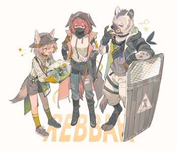 1boy 2girls absurdres arknights armband ballistic_shield beanstalk_(arknights) black_jacket black_shirt commentary crownslayer_(arknights) dopperu_ben english_commentary english_text fangs fingerless_gloves furry furry_male gloves grey_shirt highres holding holding_knife hyena_boy hyena_ears hyena_tail infection_monitor_(arknights) jacket knife looking_at_another masked multiple_girls open_mouth pants shield shirt smile spot_(arknights) spotted_fur terrarium white_background white_pants white_shirt yawning