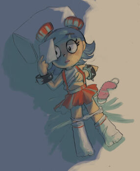 1girl blue_hair el_tigre frida_suarez hamuuma loli open_mouth red_skirt skirt solo toon_(style)