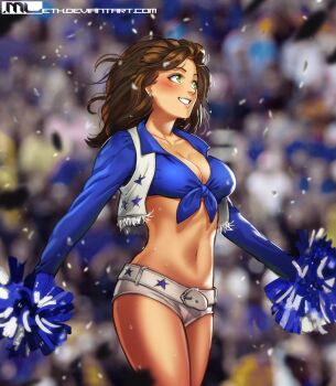 1girl belt blurry blurry_background blush brown_hair cheering cheerleader confetti dallas_cowboys earrings highres jewelry long_hair micro_shorts midriff mleth national_football_league navel original parted_lips pom_pom_(cheerleading) shorts solo vest white_belt white_shorts white_vest