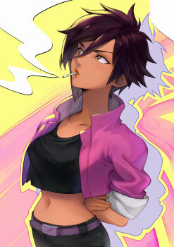 Rule 34 | 1girl, arms behind back, belt, black hair, black pants, blush, brown eyes, cigarette, collarbone, commentary, cropped jacket, dispatch, ear piercing, fingernails, hair between eyes, highres, invisigal (dispatch), jacket, lips, midriff, navel, pants, parted lips, piercing, pink jacket, purple belt, short hair, smoke, solo, stomach, vinetsu