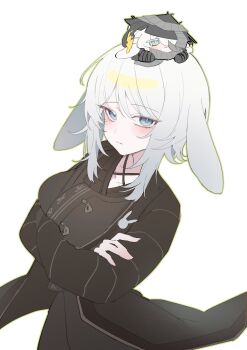 1girl absurdres animal_ears blue_eyes brown_jacket commentary_request crossed_arms faust_(project_moon) grey_hair highres jacket korean_commentary limbus_company looking_at_viewer may.l project_moon rabbit_ears rabbit_girl simple_background solo white_background