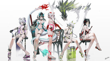 5girls absurdres amiya_(arknights) animal_ear_fluff animal_ears arknights bead_bracelet beads between_legs bikini black_bikini black_gloves black_hair bracelet braid breasts cameo cat_ears cat_girl chair cleavage crossed_legs cyrillic demon_horns dragon_girl dragon_horns dusk_(arknights) english_text extra_ears fire flame-tipped_tail gloves green_bikini green_eyes green_footwear grey_hair hair_ornament hairclip hand_between_legs highres horns ines_(arknights) jewelry kal&#039;tsit_(arknights) large_breasts leg_tattoo lin_(arknights) long_hair looking_at_viewer mackia medium_breasts mouse_ears mouse_girl multicolored_bikini multicolored_hair multiple_girls navel nian_(arknights) o-ring o-ring_bikini pink_eyes pointy_ears ponytail purple_eyes red_bikini red_eyes ring sandals scabbard sheath short_hair siblings simple_background sisters sitting stool streaked_hair swimsuit sword tail tail_around_another&#039;s_leg tail_wrap tattoo two-tone_bikini weapon white_background white_hair yellow_eyes