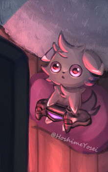 absurdres animal_ears artist_name baby_animal cat controller cushion espurr full_body gen_6_pokemon grey_fur highres holding holding_controller hoshime_yosei kitten looking_at_screen nintendo no_humans on_cushion pokemon pokemon_(creature) pokemon_focus sitting solo wide-eyed