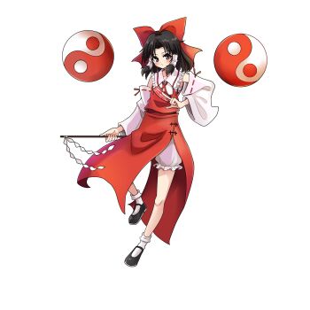 Rule 34 | 1girl, ascot, between fingers, black shoes, bloomers, bow, break~, brown eyes, brown hair, chinese commentary, commentary request, detached sleeves, embodiment of scarlet devil, full body, gohei, hair bow, hair tubes, hakurei reimu, highres, holding, holding gohei, holding ofuda, long hair, looking at viewer, ofuda, ofuda between fingers, orb, red bow, red skirt, ribbon-trimmed sleeves, ribbon trim, shoes, simple background, skirt, skirt set, socks, solo, touhou, underwear, white background, white bloomers, white socks, yin yang, yin yang orb