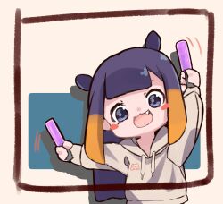 Rule 34 | 1girl, animal ears, black hair, blunt bangs, blush, blush stickers, border, center-flap bangs, chibi, chibi only, commentary, double-parted bangs, elun (elun 00), english commentary, fang, grey hoodie, holding glowstick, hololive, hololive english, hood, hoodie, long hair, looking at viewer, mole, mole under eye, ninomae ina&#039;nis, open mouth, orange hair, sidelocks, solo, tentacle hair, upper body, very long hair, virtual youtuber