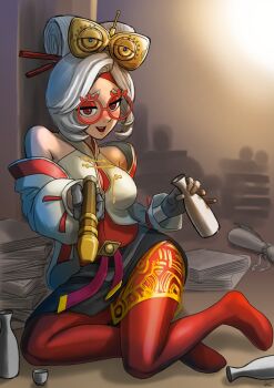 1girl bare_shoulders blush book book_stack bottle breasts choko_(cup) commentary_request cup drunk flute full_body gloves goggles goggles_on_head grey_gloves hair_ornament hair_stick headband holding holding_flute holding_instrument ini4illust instrument krita_(medium) medium_breasts nintendo purah recorder red-framed_eyewear red_headband round_eyewear sake_bottle sheikah sitting solo the_legend_of_zelda the_legend_of_zelda:_tears_of_the_kingdom white_hair