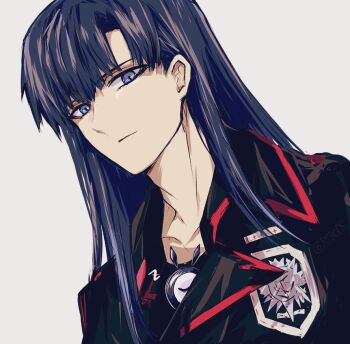 1boy badge black_jacket black_order_uniform black_shirt blue_eyes blue_hair collarbone collared_jacket creature creature_in_clothes cross d.gray-man golem_(d.gray-man) grey_background hair_between_eyes hair_over_shoulder jacket kanda_yuu long_hair looking_at_viewer male_focus military military_uniform mini_wings one-eyed shirt signature simple_background sleeping sodamachi solo striped_clothes striped_jacket twitter_username vertical-striped_clothes vertical-striped_jacket wings