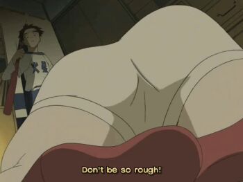 1boy 1girl animated animated_gif ass ass_focus ass_shake baseball_bat cameltoe flcl haruhara_haruko huge_ass nandaba_naota red_socks shirt short_shorts shorts socks thick_thighs thighs white_shorts