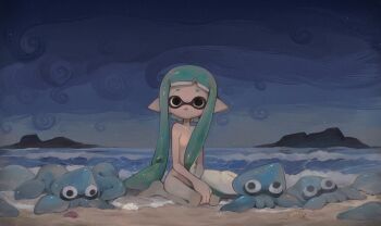1girl beach beached black_eyes blank_stare blue_sky blunt_bangs breasts cloud cloudy_sky commentary_request completely_nude empty_eyes expressionless green_hair highres inkling inkling_girl inkling_player_character island liang_cun_rakuna light_blush light_particles long_hair looking_at_viewer nintendo no_mouth no_nipples nude ocean outdoors pointy_ears seashell seiza shell short_eyebrows short_hair_with_long_locks sitting sky small_breasts solo splatoon_(series) squid tentacle_hair very_long_hair waves wide_shot