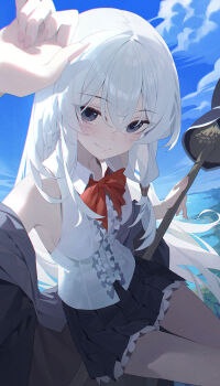 1girl absurdres arms_up black_eyes black_skirt blue_sky blush bow braid broom closed_mouth cloud commentary elaina_(majo_no_tabitabi) flying grey_hair hand_up highres lake landscape long_hair looking_at_viewer majo_no_tabitabi ocean off_shoulder outdoors red_bow shirt sitting skirt sky smile solo songyang_syouyou sunlight thighs white_hair white_shirt wind