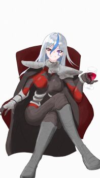 1girl armor black_bodysuit blue_hair bodysuit boots closed_mouth crossed_legs cup female_focus grey_boots hair_between_eyes highres holding holding_cup holding_glass holding_wine_glass looking_at_viewer multicolored_eyes multicolored_hair purple_eyes red_bodysuit red_eyes shoulder_armor sitting smile solo solo_focus the_hundred_line_-last_defense_academy- v'ehxness white_hair