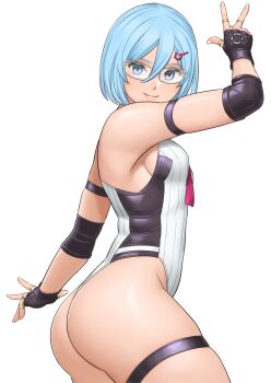 1girl ass bare_shoulders blue_eyes blue_hair blush breasts dead_or_alive dead_or_alive_6 elbow_pads female_focus fingerless_gloves glasses gloves hair_ornament hairclip highres jewelry leotard looking_at_viewer medium_breasts nico_(doa) ring shihinofu shiny_clothes shiny_skin short_hair sideboob simple_background smile solo thigh_strap white_background