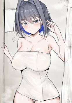 1girl blue_eyes blue_hair blush breasts cleavage closed_mouth hair_intakes highres hololive hololive_english large_breasts looking_at_viewer medium_hair naked_towel ouro_kronii sakiya_(sak1_01) solo towel virtual_youtuber