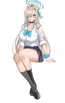absurdres asuna_(blue_archive) asuna_(school_uniform)_(blue_archive) asymmetrical_bangs black_choker black_shoes blue_archive blue_bow blue_bowtie blue_eyes blue_halo blue_nails blue_ribbon blue_scrunchie blue_skirt bow bowtie breasts button_gap choker clothes_lift fuyu_nur grey_socks hair_over_one_eye halo highres large_breasts loose_bowtie pleated_skirt ribbon school_uniform scrunchie shirt_tucked_in shoes skirt skirt_lift socks white_background wrist_scrunchie
