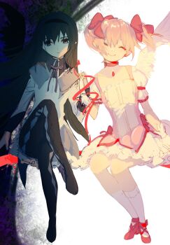 2girls akemi_homura akemi_homura_(magical_girl) angel_wings argyle_clothes argyle_legwear arm_at_side black_hair black_hairband black_pantyhose black_wings bobby_socks bow bubble_skirt capelet center_frills choker closed_eyes closed_mouth collarbone cross-laced_footwear crossed_legs dark_background darkness dot_nose facing_viewer feathered_wings flat_chest floating_hair frilled_skirt frilled_sleeves frills gloves grey_capelet hair_ribbon hairband hand_up happy head_tilt high_collar highres holding_hands ichigo_(lincen424) interlocked_fingers kaname_madoka kaname_madoka_(magical_girl) legs_together light long_hair long_sleeves looking_afar mahou_shoujo_madoka_magica mahou_shoujo_madoka_magica_(anime) multiple_girls neck_ribbon pantyhose pink_hair puffy_short_sleeves puffy_sleeves purple_eyes purple_ribbon red_footwear red_ribbon ribbon serious shoes short_sleeves side-by-side sidelighting simple_background single_wing sitting sketch skirt smile socks soul_gem split_screen straight_hair tsurime twintails two-tone_background waist_bow white_background white_gloves white_legwear white_skirt white_wings wings