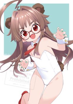 1girl :d ahoge alternate_costume animal_ears aqua_background artist_name bare_arms bare_shoulders bear_ears bear_tail bespectacled blush brown_hair claw_pose collar commentary_request copyright_notice cropped_shirt detached_collar dot_nose earrings english_text fake_animal_ears fake_tail fang fingerless_gloves flat_chest glasses gloves green_nails hair_intakes hands_up heart_lock_(kantai_collection) huge_ahoge jewelry kantai_collection kuma_(kancolle) leotard long_hair nail_polish nassukun necktie open_mouth red-framed_eyewear red_eyes red_necktie red_shoes round_eyewear shoes simple_background single_earring smile solo standing standing_on_one_leg straight_hair strapless strapless_leotard tail twitter_username two-tone_background v-shaped_eyebrows watermark white_background white_collar white_leotard white_wrist_cuffs wrist_cuffs
